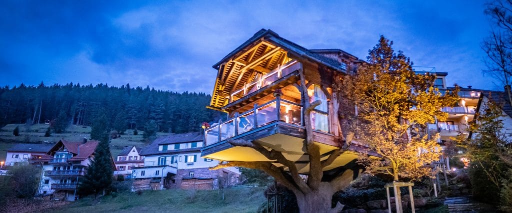 beleuchtetes Baumhaus im Schwarzwald