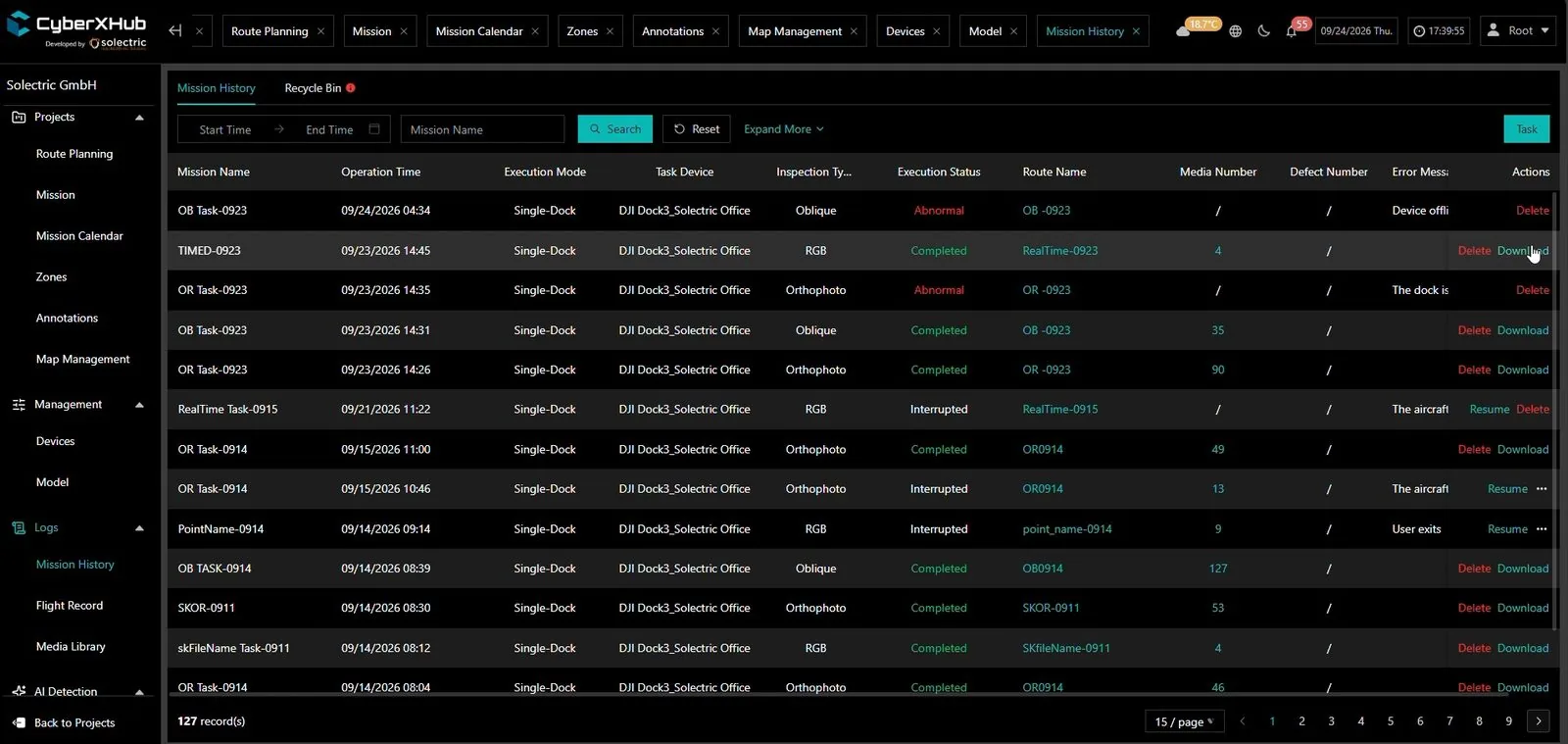 Mission history in CyberXHub showing the status, images and findings for each mission
