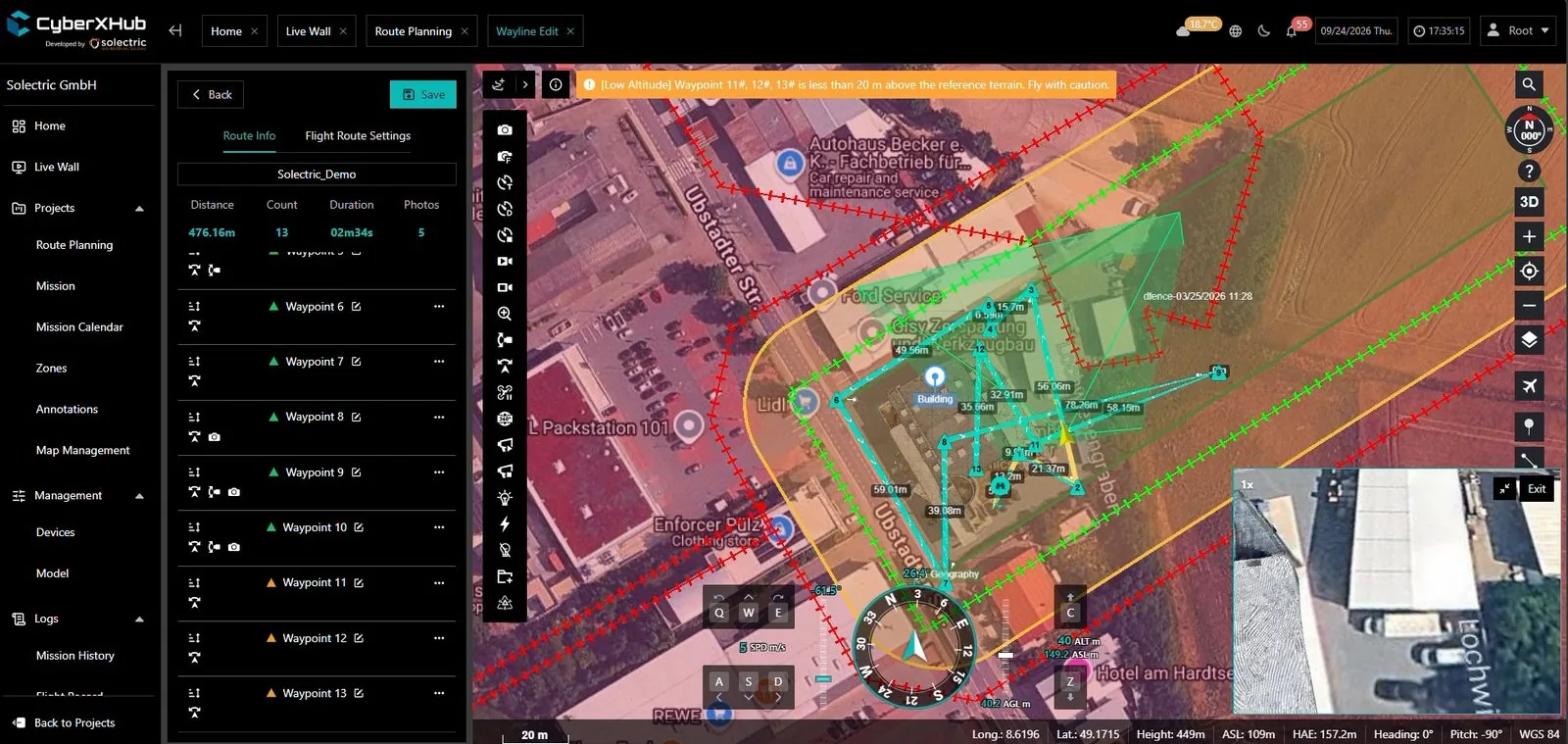 Route planning in CyberXHub with numbered waypoints on the aerial image
