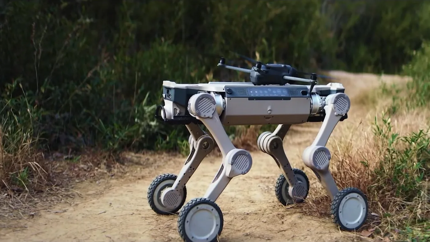 Wheeled legged robot carrying a drone on its back
