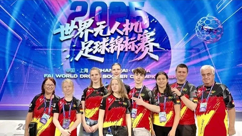 The German team in Solectric jerseys at the 2025 Drone Soccer World Championship in Shanghai